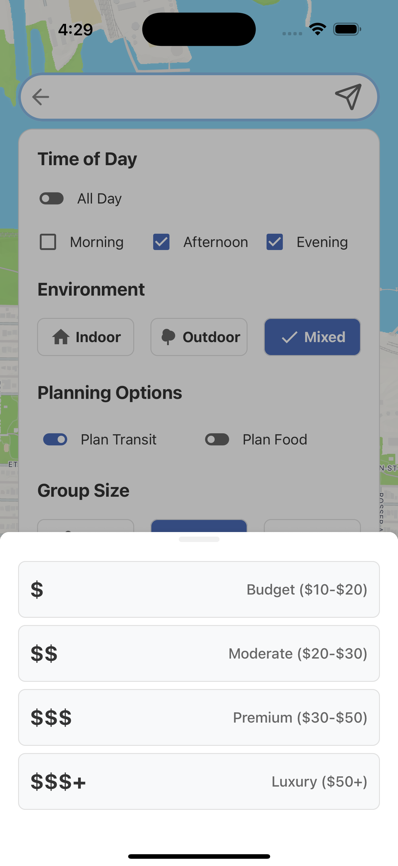 Options Dropdown Price Selection Screenshot iOS